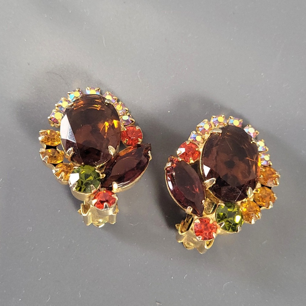 Juliana D&E Earrings Brown Fall Harvest Rhinestone Cluster Clip-On Verified 2707